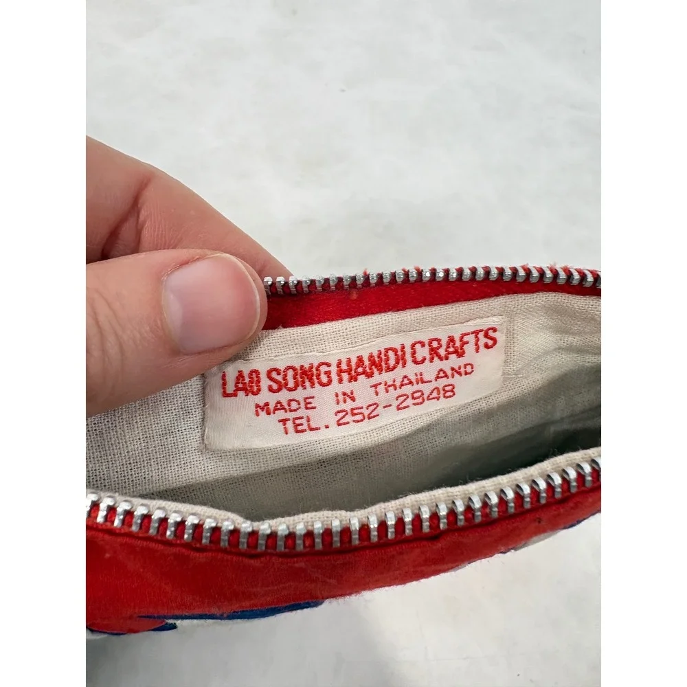 Vintage Lao Song Handicrafts Patchwork Zipper Pouch Red‎ Blue White Thailand Bag